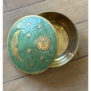 Vintage Brass Enamel Trinket Box Sun Moon Stars